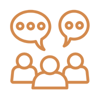 Icon of three people with speech bubbles indicating conversation or discussion.