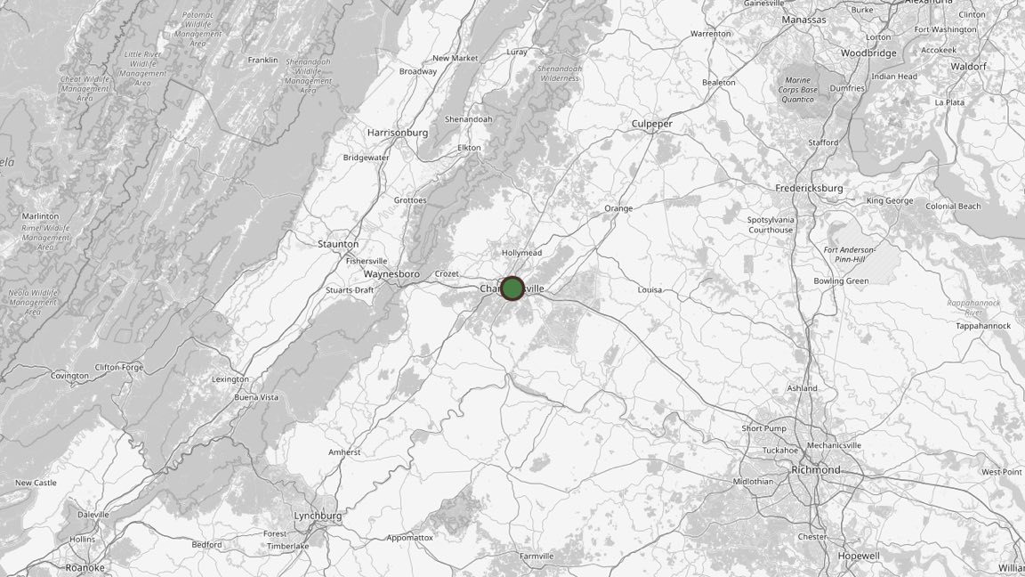 Service-area map centered on Charlottesville, Virginia